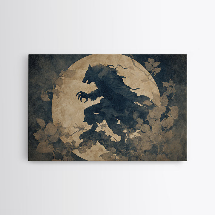 The Moon-Cursed Werewolf, Medieval Grotesque Art, Landscape Wall Art, Macabre Wall Art, Framed Canvas Print, Halloween Wall Art