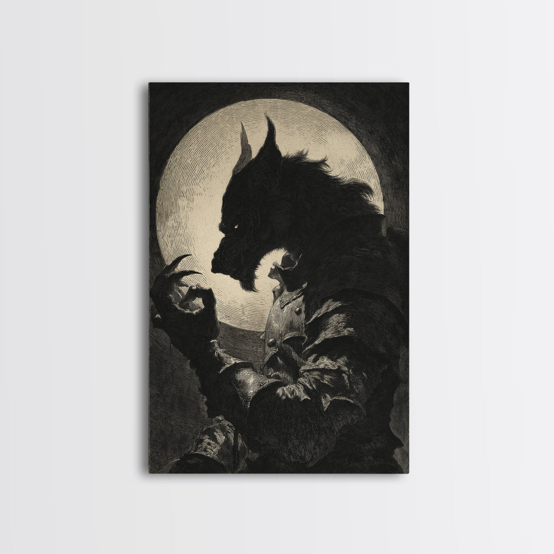 The Moon-Cursed Werewolf, Renaissance Engraving Art, Vertical Wall Art, Macabre Wall Art, Framed Canvas Print, Halloween Wall Art