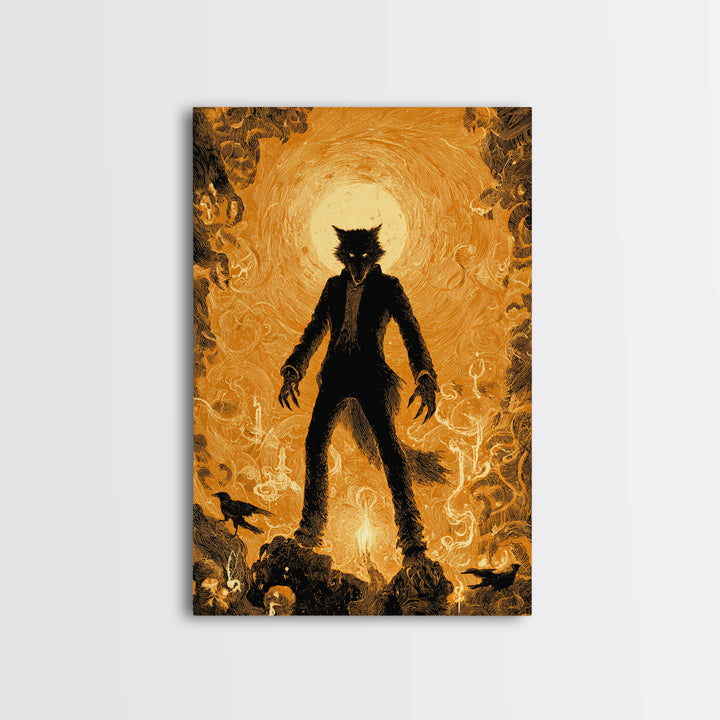 The Moon-Cursed Werewolf, Visionary Gothic Art, Vertical Wall Art, Dark Halloween Decor, Framed Canvas Print, Halloween Wall Art