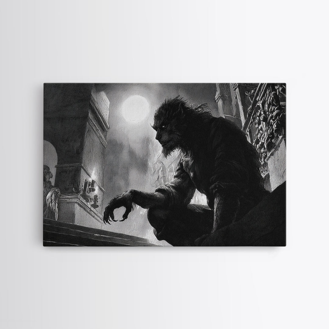 The Moon-Cursed Werewolf, Architectural Etching Art, Landscape Wall Art, Gothic Horror Wall Art, Framed Canvas Print