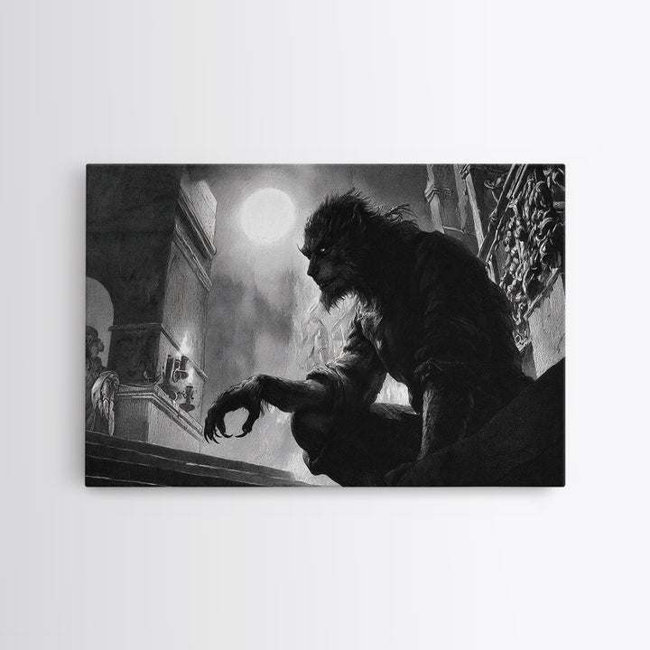 The Moon-Cursed Werewolf, Architectural Etching Art, Landscape Wall Art, Gothic Horror Wall Art, Framed Canvas Print