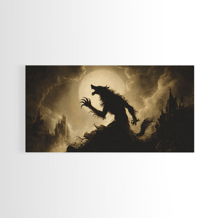 The Moon-Cursed Werewolf, Apocalyptic Romantic Art, Wide Panoramic Art, Gothic Horror Wall Art, Canvas Print, Halloween Wall Art
