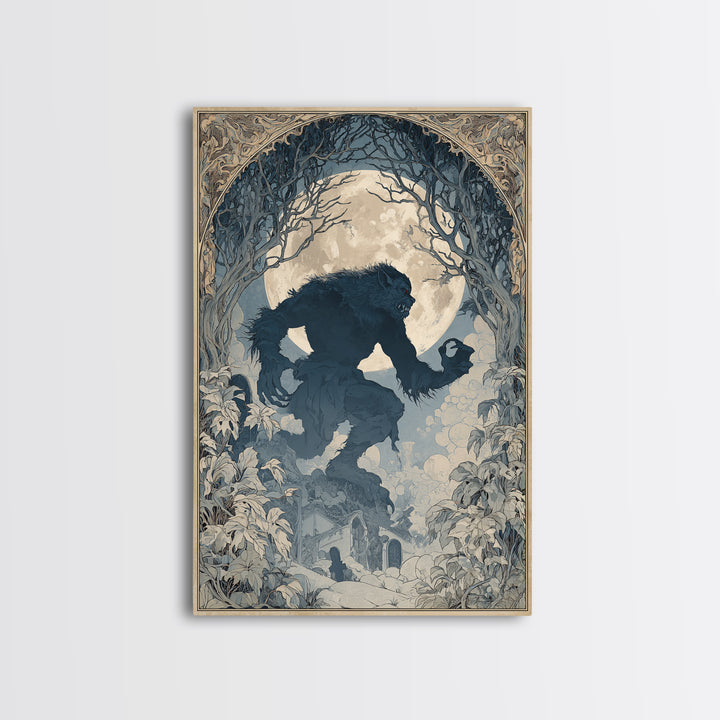 The Moon-Cursed Werewolf, Symbolist Death Art, Vertical Wall Art, Macabre Wall Art, Framed Canvas Print, Halloween Wall Art