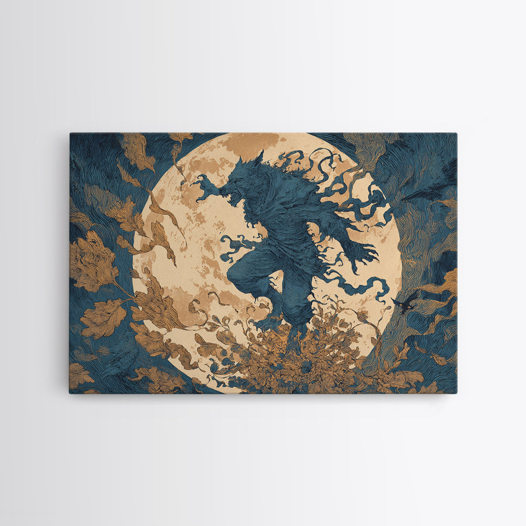 The Moon-Cursed Werewolf, Symbolist Etching Art, Landscape Wall Art, Gothic Horror Wall Art, Framed Canvas Print, Halloween Wall Art