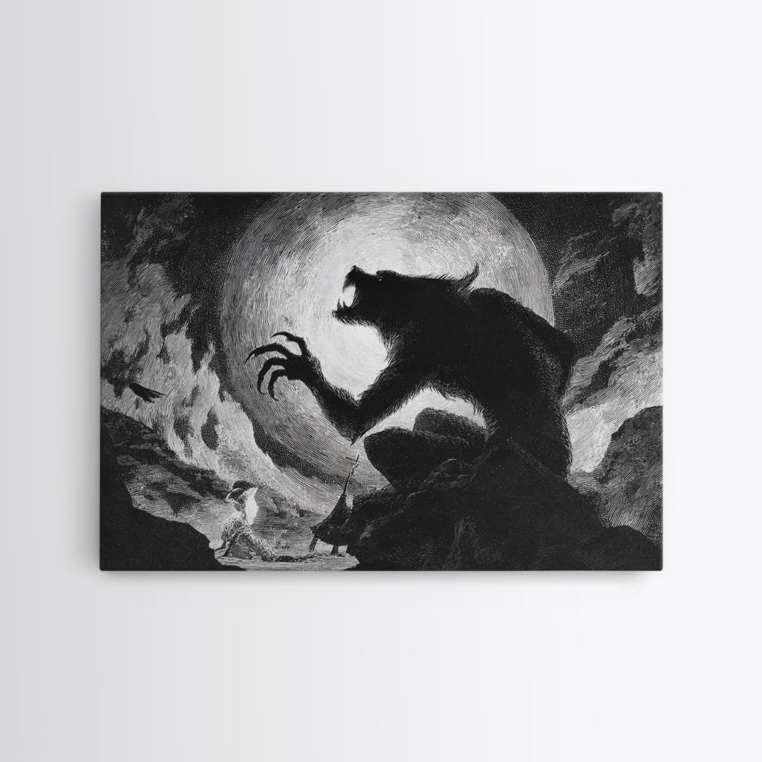 The Moon-Cursed Werewolf, Expressionist Nightmare Art, Landscape Wall Art, Dark Halloween Decor, Canvas Print, Halloween Wall Art