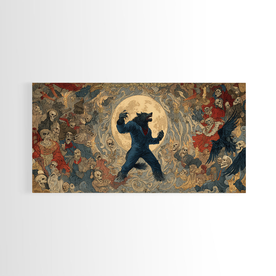 The Moon-Cursed Werewolf, Grotesque Carnival Art, Wide Panoramic Art, Dark Fantasy Wall Art, Canvas Print, Halloween Wall Art