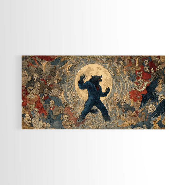 The Moon-Cursed Werewolf, Grotesque Carnival Art, Wide Panoramic Art, Dark Fantasy Wall Art, Canvas Print, Halloween Wall Art