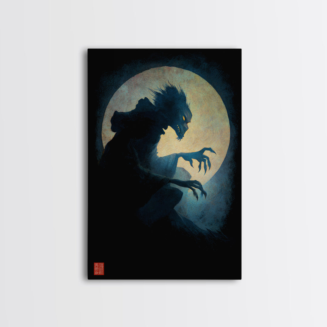 The Moon-Cursed Werewolf, Expressionist Gothic Art, Vertical Wall Art, Dark Halloween Decor, Canvas Print, Halloween Wall Art