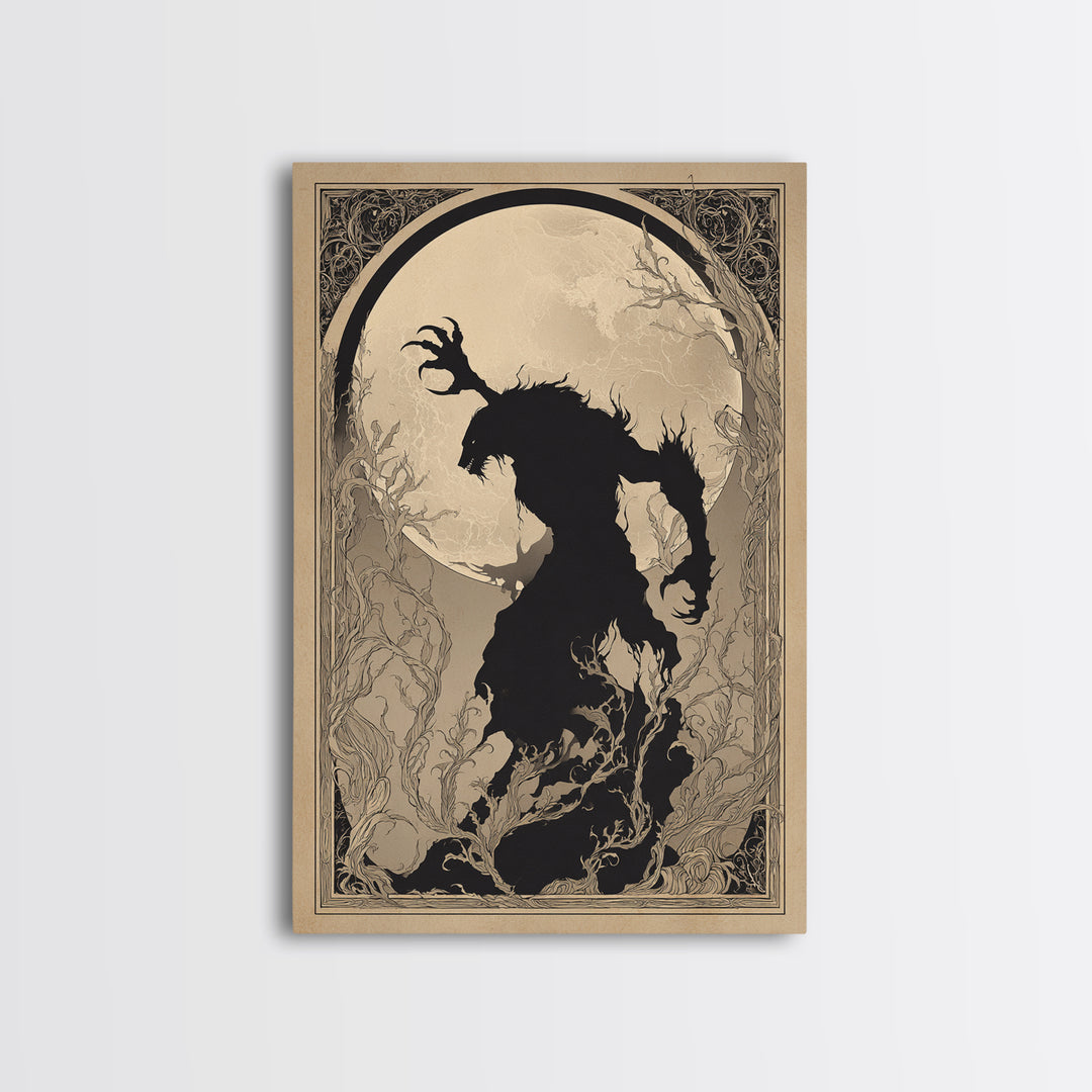The Moon-Cursed Werewolf, Decadent Line Art, Vertical Wall Art, Dark Fantasy Wall Art, Framed Canvas Print, Halloween Wall Art