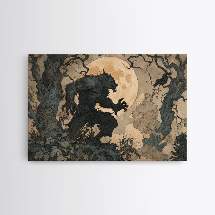 The Moon-Cursed Werewolf, Gothic Storybook Art, Landscape Wall Art, Dark Halloween Decor, Canvas Print, Halloween Wall Art
