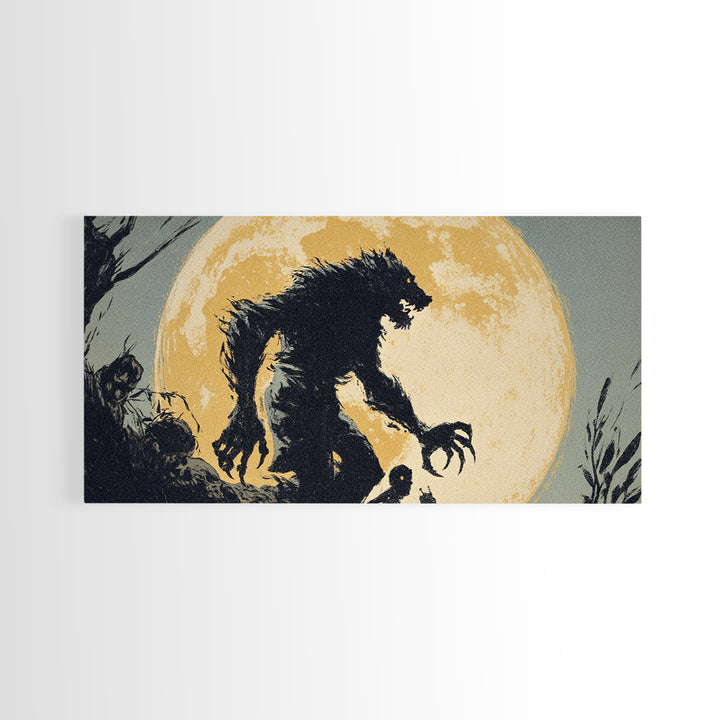 The Moon-Cursed Werewolf, Macabre Folk Print Art, Wide Panoramic Art, Dark Fantasy Wall Art, Framed Canvas Print