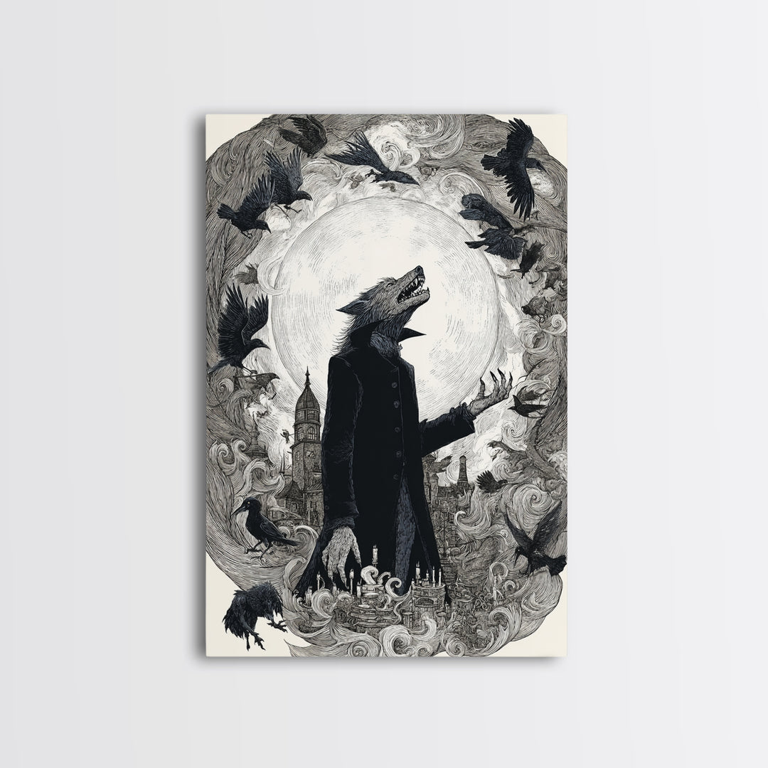The Moon-Cursed Werewolf, Victorian Macabre Art, Vertical Wall Art, Gothic Horror Wall Art, Framed Canvas Print, Halloween Wall Art