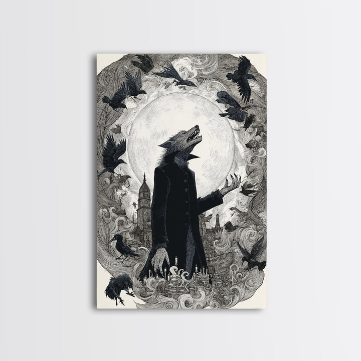 The Moon-Cursed Werewolf, Victorian Macabre Art, Vertical Wall Art, Gothic Horror Wall Art, Framed Canvas Print, Halloween Wall Art