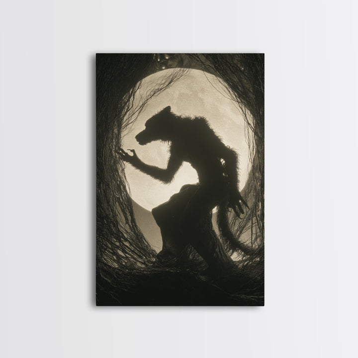 The Moon-Cursed Werewolf, Biomechanical Horror Art, Vertical Wall Art, Dark Halloween Decor, Canvas Print, Halloween Wall Art