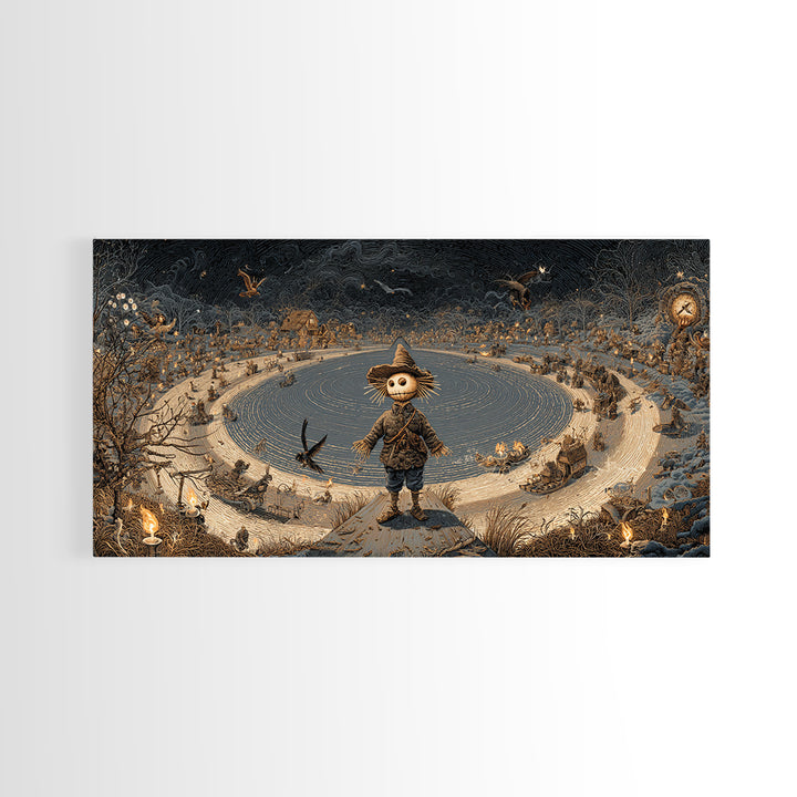 The Living Scarecrow, Northern Renaissance Horror, Wide Panoramic Art, Dark Fantasy Wall Art, Framed Canvas Print