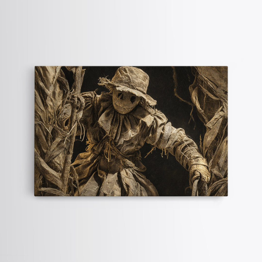 The Living Scarecrow, Architectural Etching Art, Landscape Wall Art, Dark Halloween Decor, Framed Canvas Print