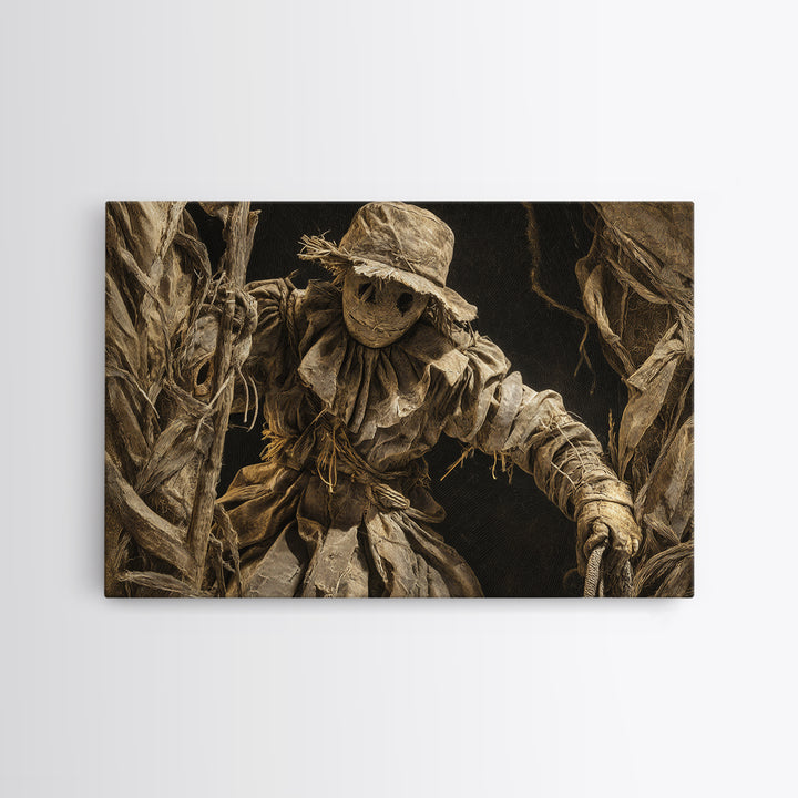 The Living Scarecrow, Architectural Etching Art, Landscape Wall Art, Dark Halloween Decor, Framed Canvas Print