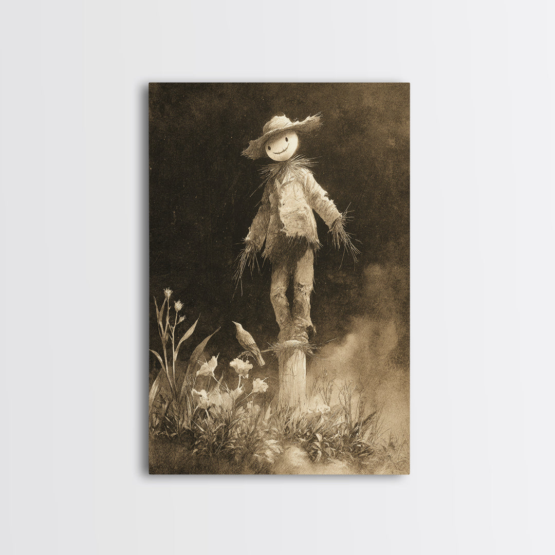 The Living Scarecrow, Symbolist Dream Art, Vertical Wall Art, Dark Halloween Decor, Framed Canvas Print, Halloween Wall Art