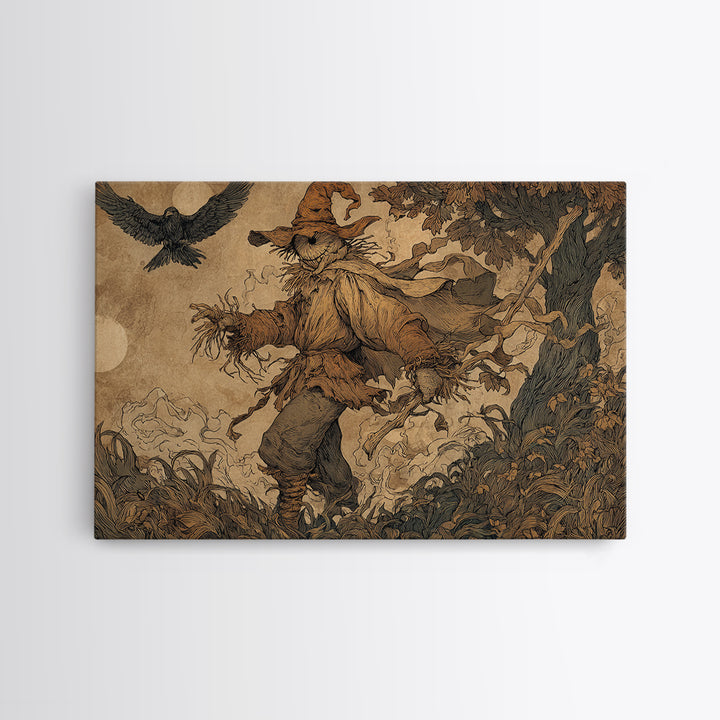 The Living Scarecrow, Gothic Storybook Art, Landscape Wall Art, Gothic Horror Wall Art, Framed Canvas Print, Halloween Wall Art