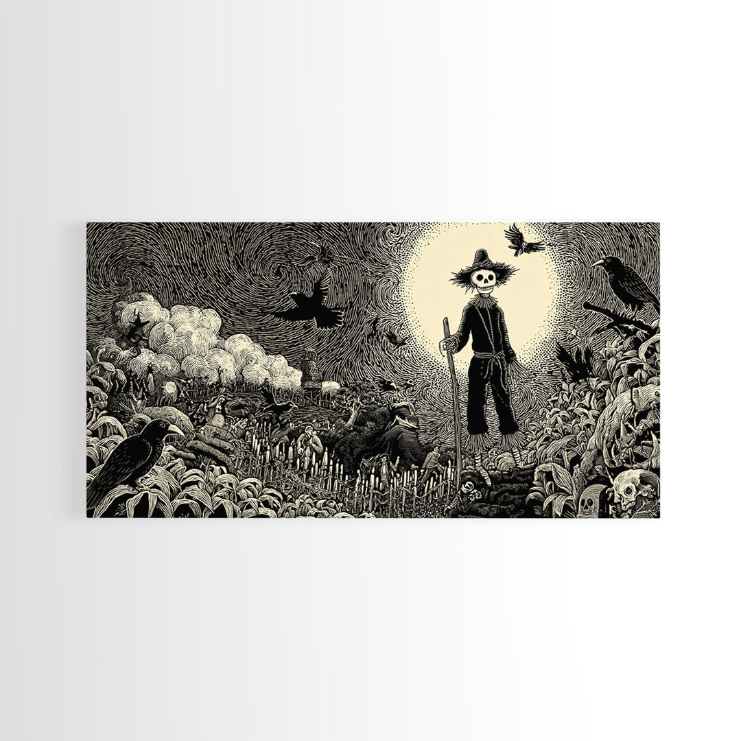 The Living Scarecrow, Macabre Folk Print Art, Wide Panoramic Art, Macabre Wall Art, Canvas Print, Halloween Wall Art