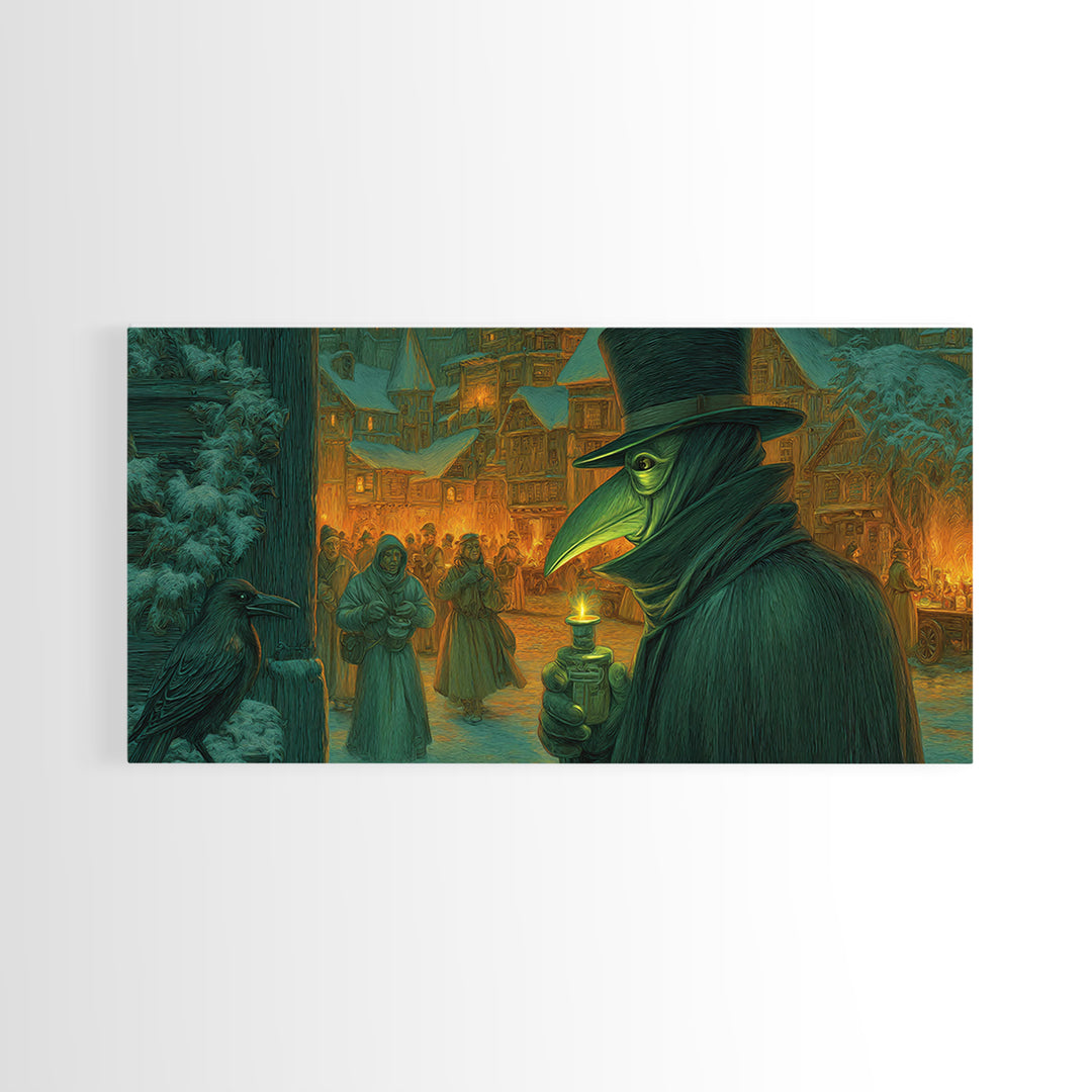 The Plague Doctor, Northern Renaissance Horror, Wide Panoramic Art, Dark Halloween Decor, Canvas Print, Halloween Wall Art