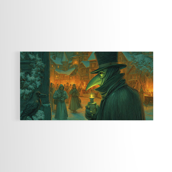 The Plague Doctor, Northern Renaissance Horror, Wide Panoramic Art, Dark Halloween Decor, Canvas Print, Halloween Wall Art