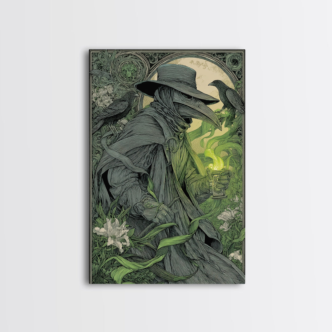 The Plague Doctor, Symbolist Death Art, Vertical Wall Art, Macabre Wall Art, Framed Canvas Print, Halloween Wall Art