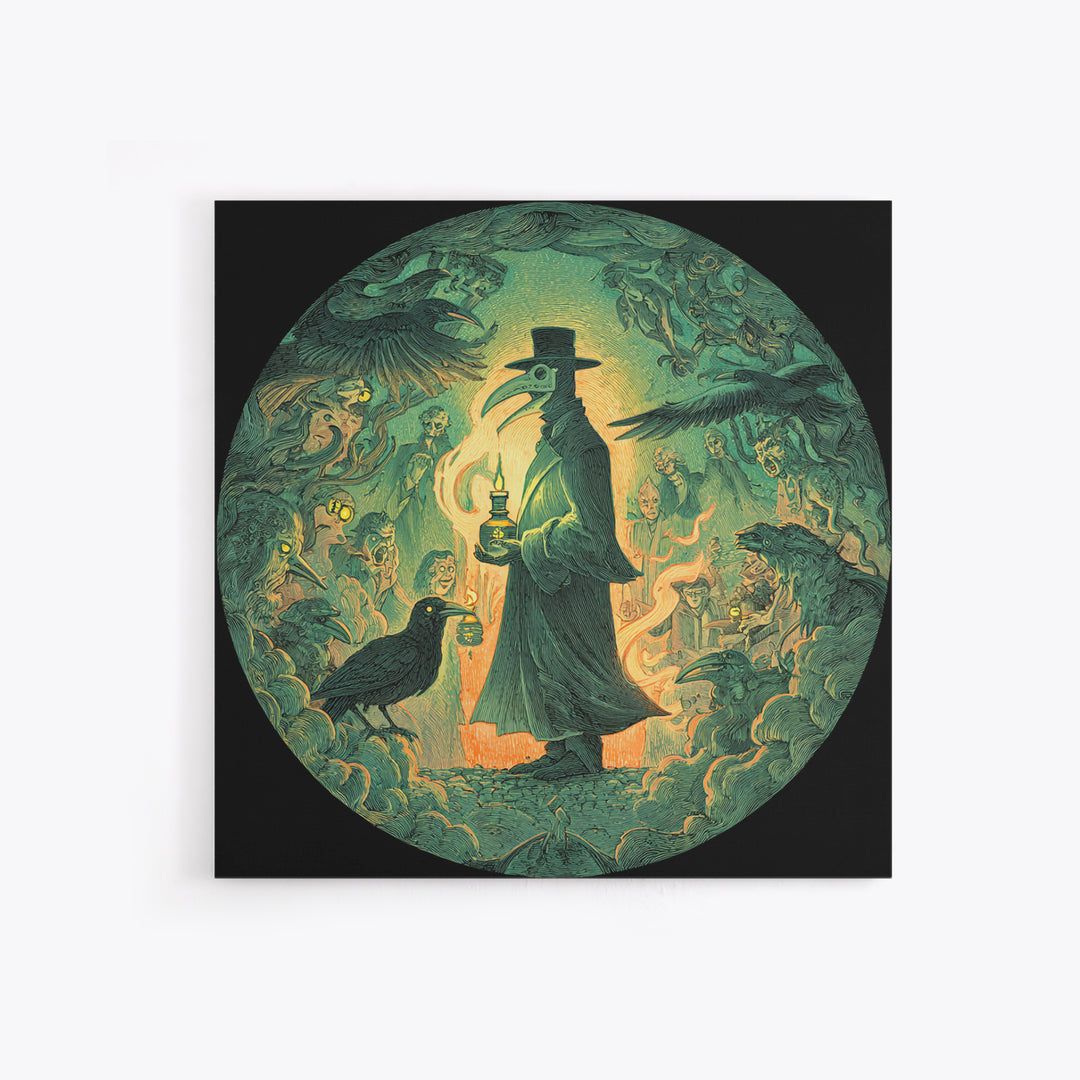 The Plague Doctor, Symbolist Etching Art, Square Wall Art, Dark Halloween Decor, Framed Canvas Print, Halloween Wall Art