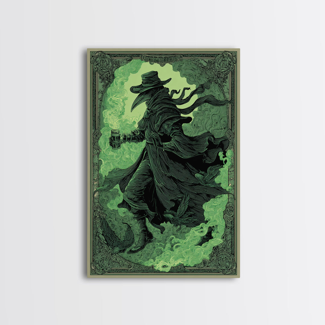 The Plague Doctor, Decadent Line Art, Vertical Wall Art, Dark Halloween Decor, Framed Canvas Print, Halloween Wall Art