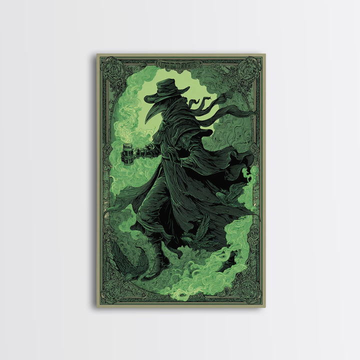 The Plague Doctor, Decadent Line Art, Vertical Wall Art, Dark Halloween Decor, Framed Canvas Print, Halloween Wall Art