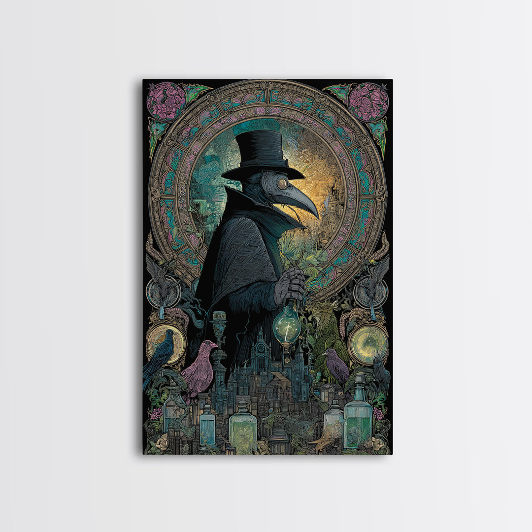 The Plague Doctor, Stained Glass Gothic Art, Vertical Wall Art, Gothic Horror Wall Art, Framed Canvas Print, Halloween Wall Art