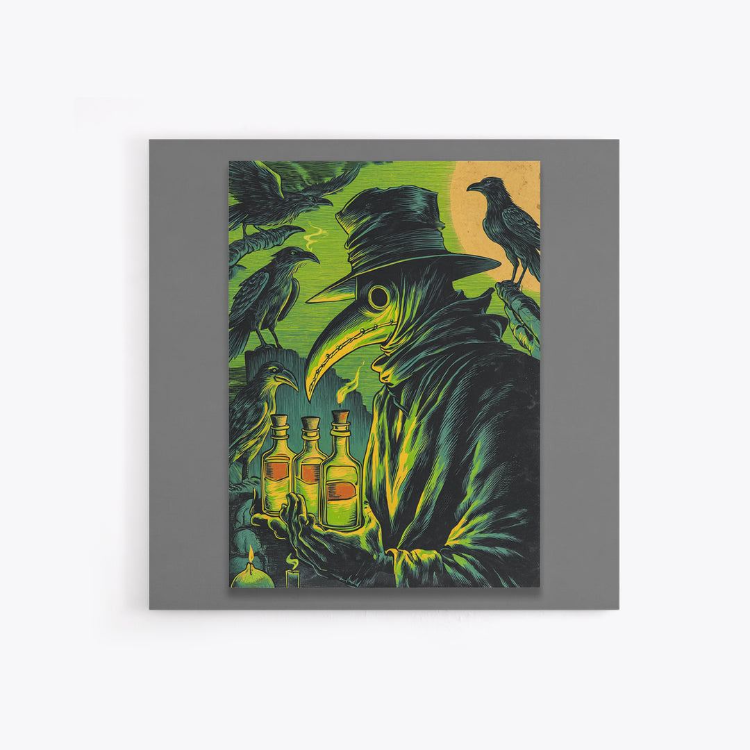 The Plague Doctor, Macabre Folk Print Art, Square Wall Art, Dark Halloween Decor, Framed Canvas Print, Halloween Wall Art