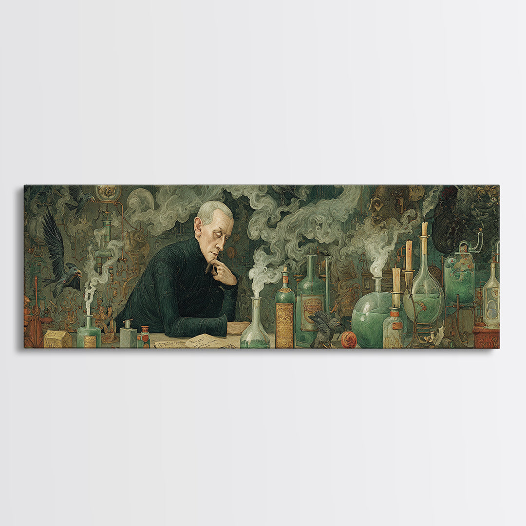 The Mad Alchemist, Medieval Grotesque Art, Extra Wide Wall Art, Dark Halloween Decor, Framed Canvas Print, Halloween Wall Art