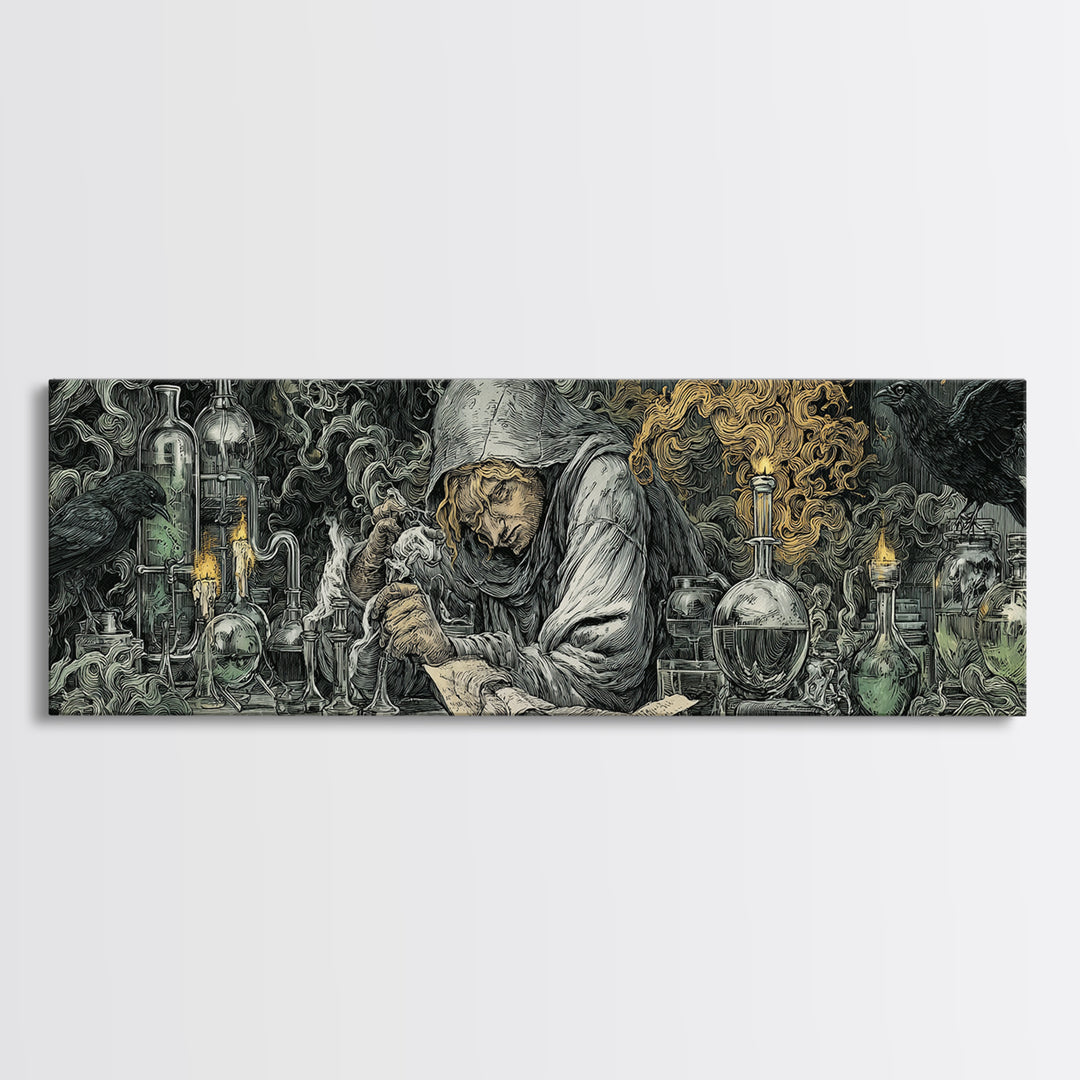 The Mad Alchemist, Renaissance Engraving Art, Extra Wide Wall Art, Dark Halloween Decor, Framed Canvas Print, Halloween Wall Art