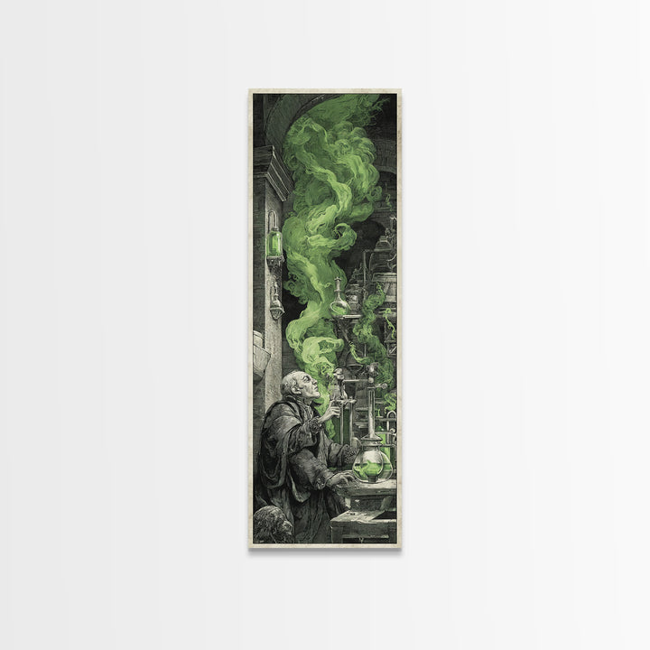 The Mad Alchemist, Architectural Etching Art, Tall Narrow Wall Art, Dark Halloween Decor, Framed Canvas Print