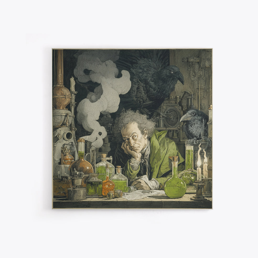 The Mad Alchemist, Symbolist Etching Art, Square Wall Art, Macabre Wall Art, Framed Canvas Print, Halloween Wall Art, Dark Fantasy Art
