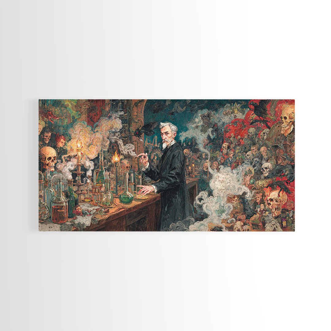 The Mad Alchemist, Grotesque Carnival Art, Wide Panoramic Art, Dark Fantasy Wall Art, Canvas Print, Halloween Wall Art, Halloween Decor