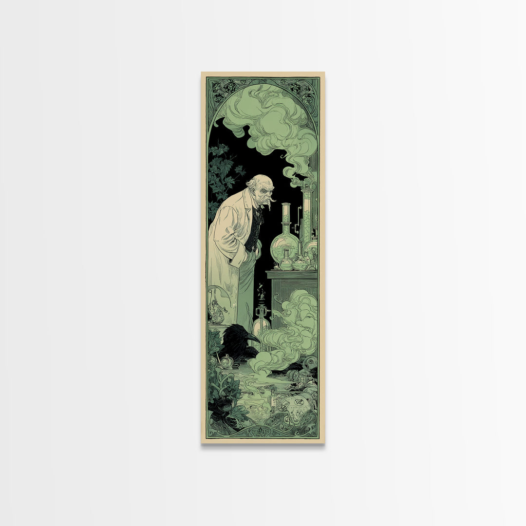 The Mad Alchemist, Decadent Line Art, Tall Narrow Wall Art, Gothic Horror Wall Art, Framed Canvas Print, Halloween Wall Art