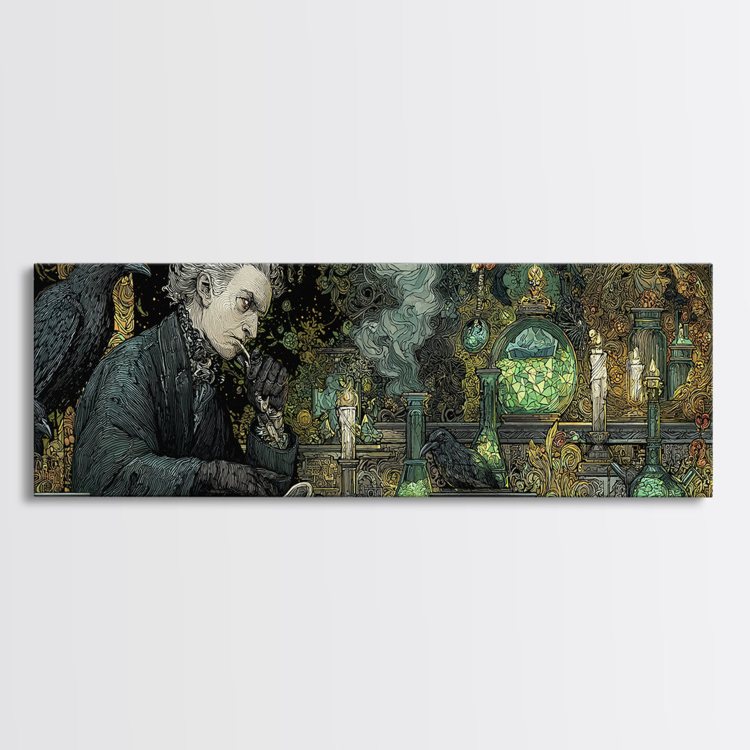 The Mad Alchemist, Stained Glass Gothic Art, Extra Wide Wall Art, Dark Halloween Decor, Canvas Print, Halloween Wall Art