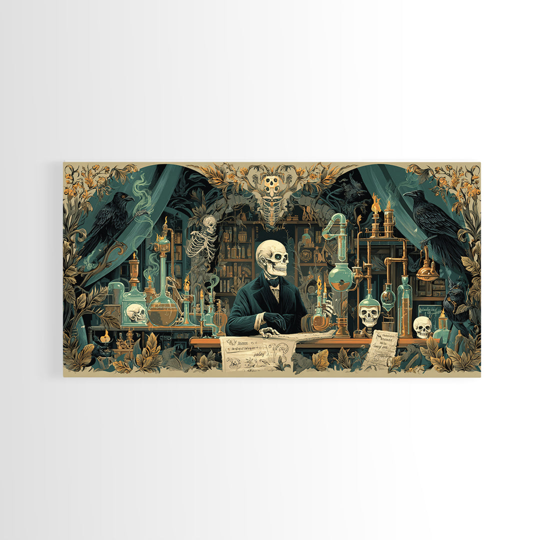 The Mad Alchemist, Macabre Folk Print Art, Wide Panoramic Art, Dark Halloween Decor, Framed Canvas Print, Halloween Wall Art