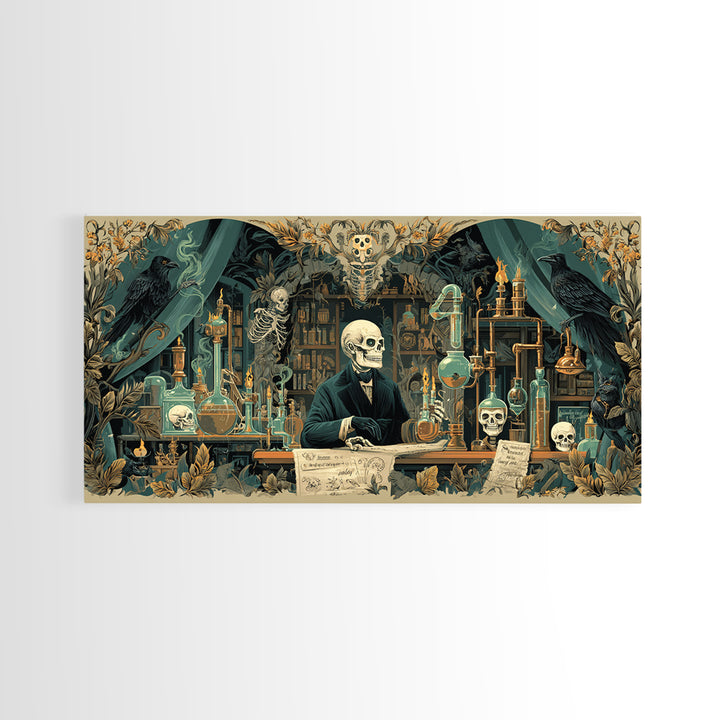 The Mad Alchemist, Macabre Folk Print Art, Wide Panoramic Art, Dark Halloween Decor, Framed Canvas Print, Halloween Wall Art