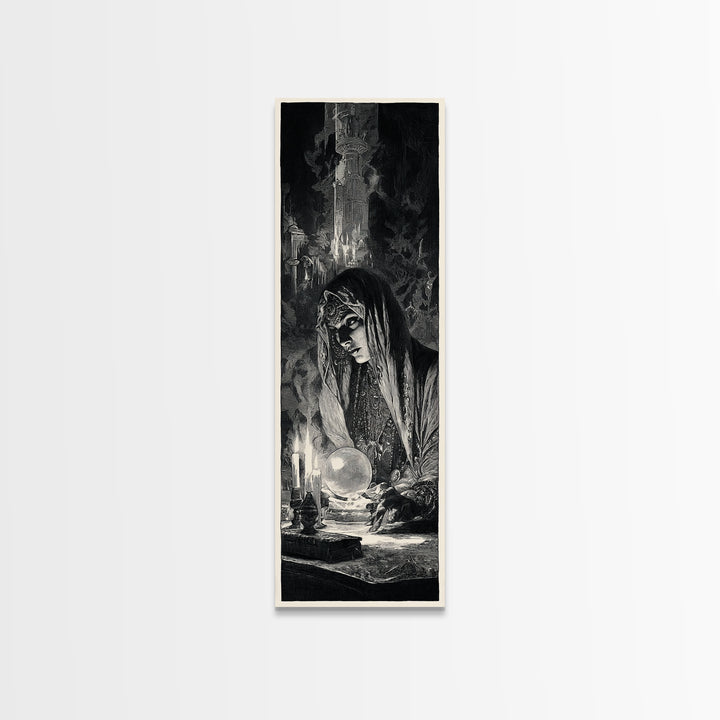 The Midnight Fortune Teller, Gothic Engraving Art, Tall Narrow Wall Art, Dark Halloween Decor, Framed Canvas Print, Halloween Wall Art