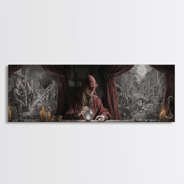 The Midnight Fortune Teller, Medieval Grotesque Art, Extra Wide Wall Art, Dark Fantasy Wall Art, Framed Canvas Print, Halloween Decor