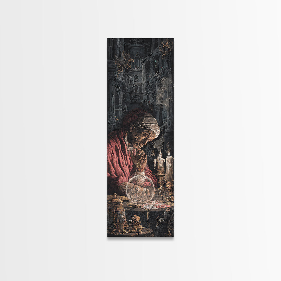 The Midnight Fortune Teller, Architectural Etching Art, Tall Narrow Wall Art, Dark Halloween Decor, Framed Canvas Print