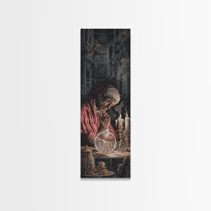 The Midnight Fortune Teller, Architectural Etching Art, Tall Narrow Wall Art, Dark Halloween Decor, Framed Canvas Print