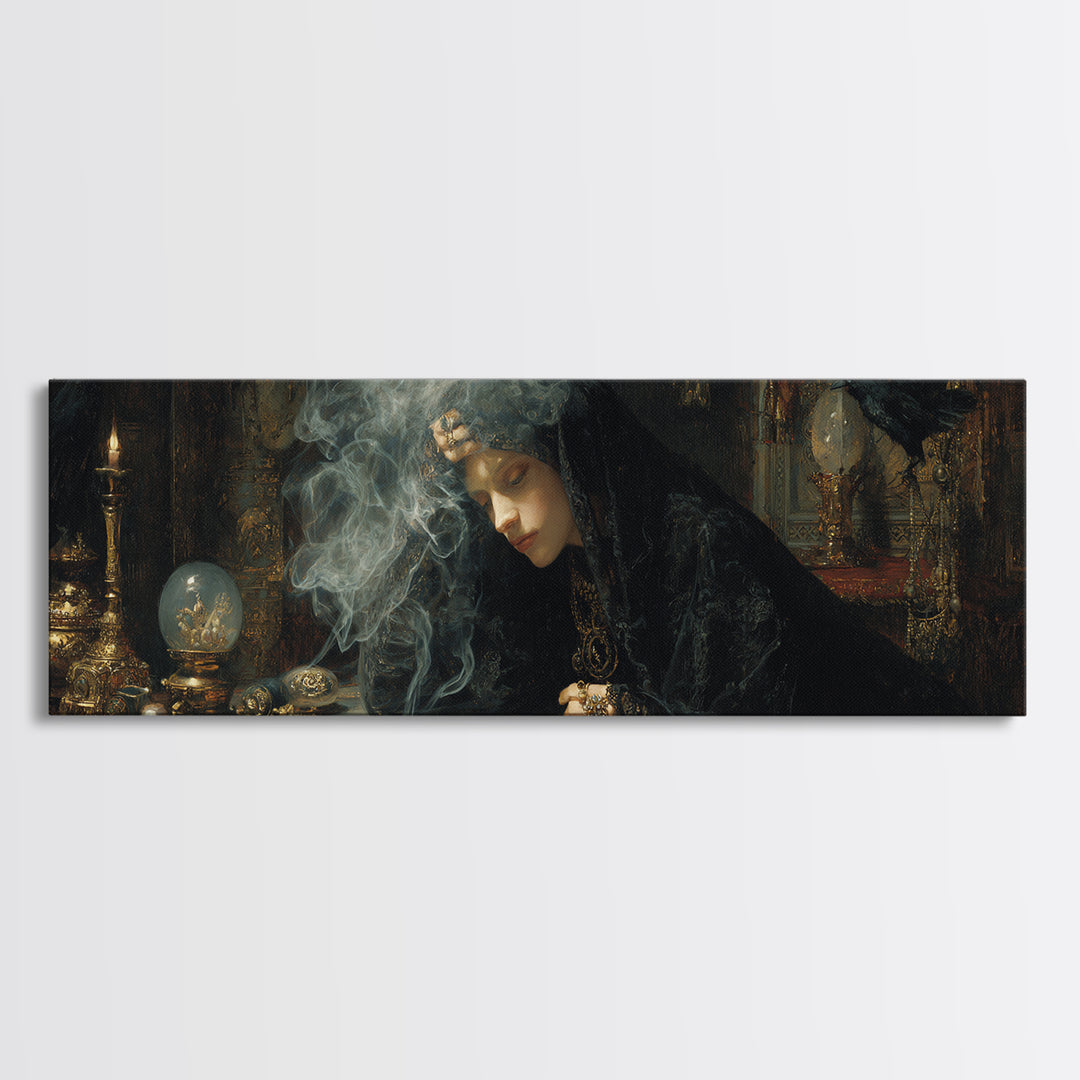 The Midnight Fortune Teller, Ornate Symbolist Art, Extra Wide Wall Art, Gothic Horror Wall Art, Canvas Print, Halloween Wall Art