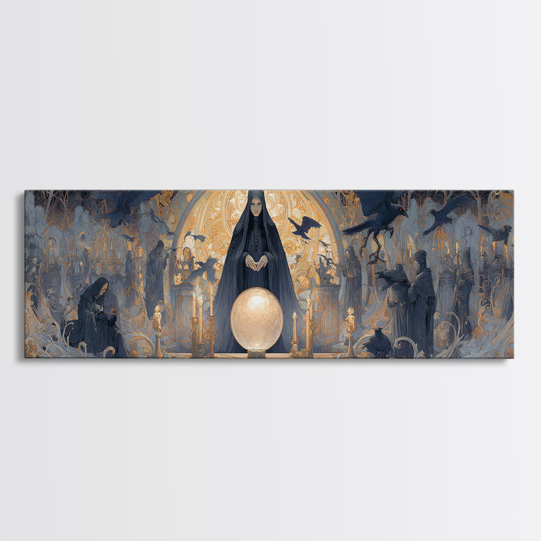 The Midnight Fortune Teller, Symbolist Death Art, Extra Wide Wall Art, Macabre Wall Art, Canvas Print, Halloween Wall Art