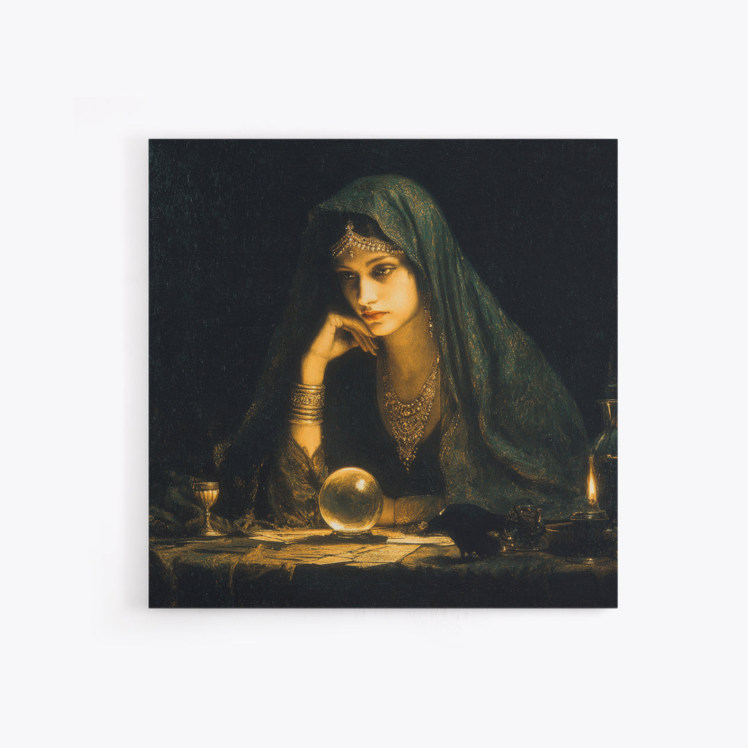 The Midnight Fortune Teller, Dark Symbolist Art, Square Wall Art, Dark Fantasy Wall Art, Canvas Print, Halloween Wall Art