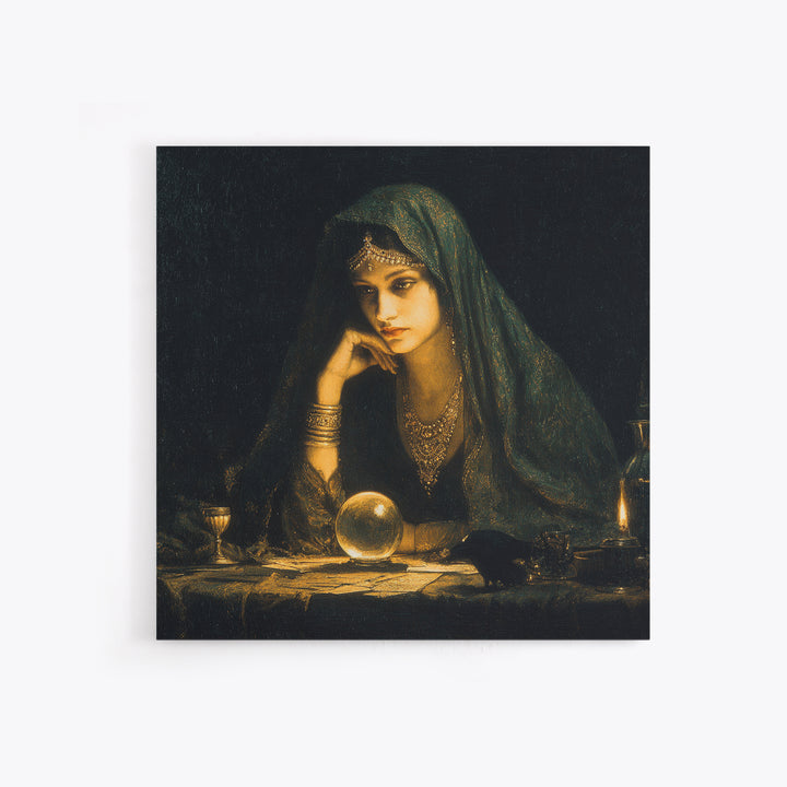The Midnight Fortune Teller, Dark Symbolist Art, Square Wall Art, Dark Fantasy Wall Art, Canvas Print, Halloween Wall Art