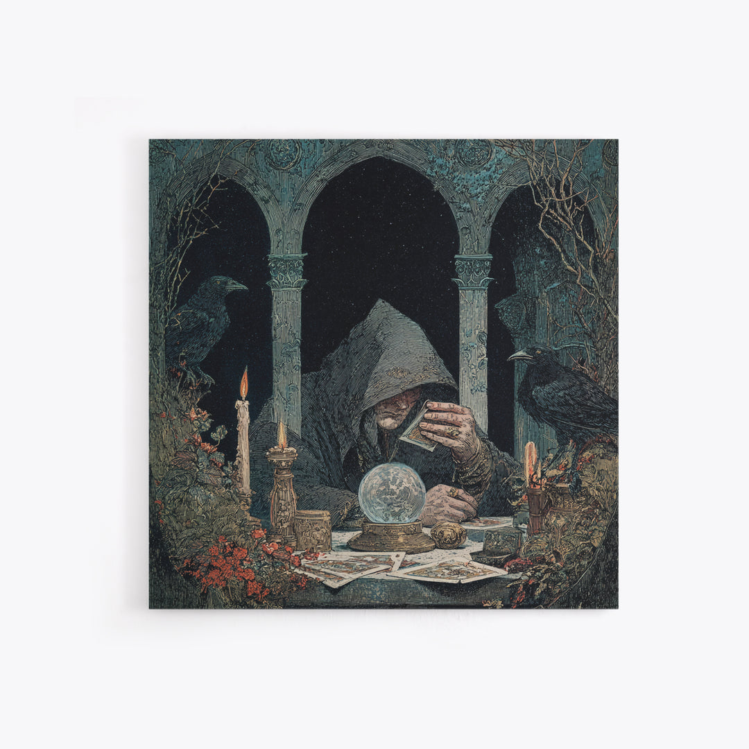 The Midnight Fortune Teller, Symbolist Etching Art, Square Wall Art, Dark Halloween Decor, Framed Canvas Print, Halloween Wall Art